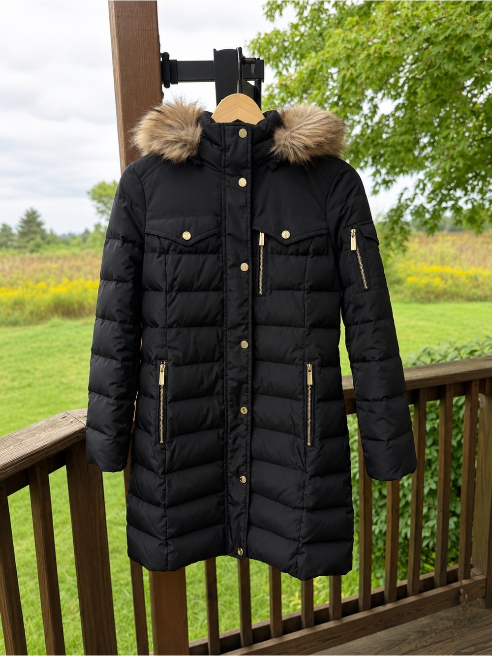 Michael Kors Black Quilted Puffer Coat with Faux Fur Trim size S